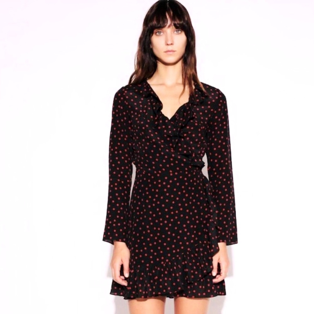 Realisation Par Black and Red Dot Long Sleeve 100% Silk Mini Ruffle Wrap Dress